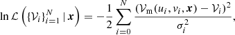 $$ \begin{aligned} \ln \mathcal{L} \left(\{ \mathcal{V} _i\} _{i = 1}^{N}\,|\,\boldsymbol{x}\right) = -\frac{1}{2} \sum _{i = 0}^{N}\frac{\left(\mathcal{V} _{\mathrm{m} }(u_i,v_i,\boldsymbol{x})-\mathcal{V} _{i}\right)^2}{\sigma _{i}^2}, \end{aligned} $$