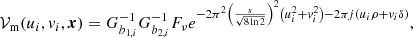 $$ \begin{aligned} \mathcal{V} _\mathrm{m} (u_i,v_i,\boldsymbol{x}) = G_{b_{1,i}}^{-1}G_{b_{2,i}}^{-1} F_\nu e^{-2\pi ^2 \left(\frac{s}{\sqrt{8\ln 2}}\right)^2\left(u_i^2+v_i^2\right)-2\pi j (u_i\rho + v_i\delta )}, \end{aligned} $$
