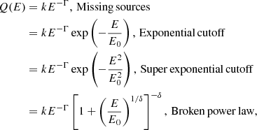 $$ \begin{aligned} Q(E)&=kE^{-\Gamma },\,\mathrm {Missing\,sources} \nonumber \\&=kE^{-\Gamma }\exp \left(-\frac{E}{E_0}\right),\,\mathrm {Exponential\,cutoff} \nonumber \\&=kE^{-\Gamma }\exp \left(-\frac{E^2}{E_0^2}\right),\,\mathrm {Super\,exponential\,cutoff} \nonumber \\&=kE^{-\Gamma }\left[1+\left(\frac{E}{E_0}\right)^{1/\delta }\right]^{-\delta },\,\mathrm {Broken\,power\,law} , \end{aligned} $$