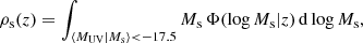 $$ \begin{aligned} \rho _{\rm s} (z)&= \int _{\langle M_{\mathrm{UV} }|M_{\rm s}\rangle < - 17.5} M_{\rm s}\, \Phi (\log M_{\rm s}|z)\, \mathrm{d} \log M_{\rm s},\end{aligned} $$
