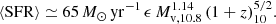 $$ \begin{aligned} \langle \mathrm{SFR} \rangle \simeq 65\,{M_\odot }\,\mathrm{yr}^{-1}\,\epsilon \,M_{\mathrm{v},10.8}^{1.14}\,(1+z)_{10}^{5/2}. \end{aligned} $$