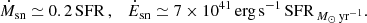 $$ \begin{aligned} \dot{M}_{\rm sn} \simeq 0.2\, \mathrm{SFR} \, , \quad \dot{E}_{\rm sn} \simeq 7\times 10^{41} \,\mathrm{erg}\, \mathrm{s} ^{-1} \, \mathrm{SFR}_{\,{M_\odot }\,\mathrm{yr}^{-1}}. \end{aligned} $$