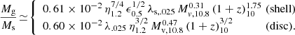 $$ \begin{aligned} \frac{M_\mathrm{g} }{M_{\rm s}} \!\simeq \! {\left\{ \begin{array}{ll} 0.61 \times 10^{-2}\, \eta _{1.2}^{7/4}\, \epsilon _{0.5}^{1/2}\, \lambda _{\rm s,.025}\, M_{v, 10.8}^{0.31}\, (1 + z)_{10}^{1.75} \!\!\!\!\!&\mathrm{(shell)}\\ 0.60 \times 10^{-2}\, \lambda _{.025}\, \eta _{1.2}^{3/2}\, M_{\mathrm{v},10.8}^{0.47}\, (1+z)_{10}^{3/2}&\mathrm{(disc)}. \end{array}\right.} \end{aligned} $$