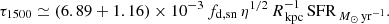 $$ \begin{aligned} \tau _{1500} \simeq (6.89+1.16) \times 10^{-3} \, f_{\rm d,sn}\, \eta ^{1/2}\, R_{\,\mathrm{kpc}}^{-1}\, \mathrm{SFR}_{\,{M_\odot }\,\mathrm{yr}^{-1}}. \end{aligned} $$