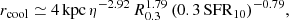 $$ \begin{aligned} r_{\rm cool}\simeq 4\,\mathrm{kpc}\, \eta ^{-2.92}\, R_{0.3}^{1.79}\, (0.3\,\mathrm{SFR}_{10})^{-0.79}, \end{aligned} $$