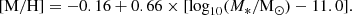 $$ \begin{aligned} {\mathrm{[M/H]}} = -0.16 + 0.66 \times [\log _{10}(M_*/\mathrm{M}_\odot ) - 11.0]. \end{aligned} $$