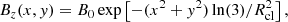 $$ \begin{aligned} B_z(x,{ y}) = B_0 \exp \left[ - (x^2+{ y}^2) \ln (3) / R_\mathrm{cl} ^2 \right], \end{aligned} $$