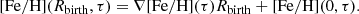 $$ \begin{aligned} \mathrm{[Fe/H]}({R_{\rm birth}}, \tau ) = {\nabla \mathrm{[Fe/H]} (\tau )} {R_{\rm birth}} + \mathrm{[Fe/H](0, \tau )}. \end{aligned} $$