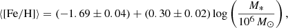 $$ \begin{aligned} \langle \mathrm{[Fe/H]}\rangle = (-1.69 \pm 0.04) + (0.30 \pm 0.02) \log \left(\frac{M_*}{10^6\,M_{\odot }}\right), \end{aligned} $$