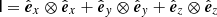 $ \mathsf{I} = \hat{\boldsymbol{e}}_x \otimes \hat{\boldsymbol{e}}_x + \hat{\boldsymbol{e}}_y \otimes \hat{\boldsymbol{e}}_y + \hat{\boldsymbol{e}}_z \otimes \hat{\boldsymbol{e}}_z $