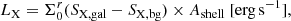 $$ \begin{aligned} L_{\rm X}= \Sigma _{0}^{r} (S_{\rm X,gal}-S_{\rm X,bg})\times A_{\rm shell}\ [\mathrm {erg\,s}^{-1}], \end{aligned} $$