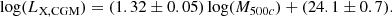 $$ \begin{aligned} \log (L_{\rm X,CGM}) = (1.32\pm 0.05)\log (M_{500c})+(24.1 \pm 0.7). \end{aligned} $$