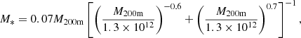 $$ \begin{aligned} M_*= 0.07 M_{\rm 200m} \left[\left( \frac{M_{\rm 200m}}{1.3\times 10^{12}}\right)^{-0.6}+\left(\frac{M_{\rm 200m}}{1.3\times 10^{12}}\right)^{0.7}\right]^{-1}, \end{aligned} $$