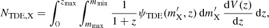 $$ \begin{aligned} N_{\rm TDE,X} = \int _{0}^{z_{\rm max}} \int _{m_{\rm max}}^{m_{\rm min}}\frac{1}{1+z}\psi _{\rm TDE}(m_{\rm X}^{\prime },z)\,\mathrm{d} m_{\rm X}^{\prime }\, \frac{\mathrm{d}V(z)}{\mathrm{d}z}\, \mathrm{d}z, \end{aligned} $$