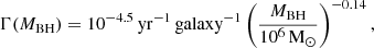 $$ \begin{aligned} \Gamma (M_{\rm BH}) = 10^{-4.5}\,\mathrm{yr} ^{-1}\,\mathrm{galaxy} ^{-1} \left(\frac{M_{\rm BH}}{10^{6}\,\mathrm{M}_\odot }\right)^{-0.14}, \end{aligned} $$