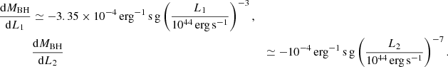 $$ \begin{aligned} \frac{\mathrm{d} M_{\rm BH}}{\mathrm{d} L_{1}}&\simeq -3.35\times 10^{-4}\,\mathrm{erg}^{-1}\,\mathrm{s}\,\mathrm{g} \left(\frac{L_{1}}{10^{44}\,\mathrm{erg}\,\mathrm{s}^{-1}}\right)^{-3}, \\ &\frac{\mathrm{d} M_{\rm BH}}{\mathrm{d} L_{2}}&\simeq -10^{-4}\,\mathrm{erg}^{-1}\,\mathrm{s}\,\mathrm{g} \left(\frac{L_{2}}{10^{44}\,\mathrm{erg}\,\mathrm{s}^{-1}}\right)^{-7}. \end{aligned} $$