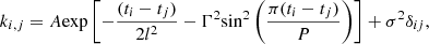 $$ \begin{aligned} k_{i,j}=A\mathrm{exp}\left[-\frac{(t_{i}-t_{j})}{2l^2}-\Gamma ^2\mathrm{sin}^2\left(\frac{\pi (t_{i}-t_{j})}{P}\right)\right]+\sigma ^2{\delta _{{ij}}}, \end{aligned} $$