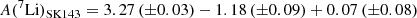 $$ \begin{aligned} A(^7\mathrm{Li})_{\mathrm{SK143}}&= 3.27 \,(\pm 0.03) -1.18 \,(\pm 0.09) +0.07 \,(\pm 0.08) \end{aligned} $$
