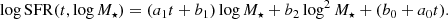 $$ \begin{aligned} \log \mathrm{SFR}(t, \log M_{\star }) = (a_1 t + b_1) \log M_{\star } + b_2 \log ^2 M_{\star } + (b_0 + a_0 t). \end{aligned} $$