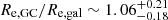 $ R_{\mathrm{e,GC}}/R_{\mathrm{e,gal}} \sim 1.06^{+0.21}_{-0.18} $