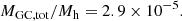 $$ \begin{aligned} M_{\rm GC,tot}/ M_{\rm h} = 2.9\times 10^{-5}. \end{aligned} $$
