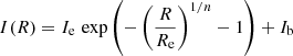 $$ \begin{aligned} I(R) = I_{\rm e} \, \exp \left(-\left(\frac{R}{R_{\rm e}}\right)^{1/n} - 1 \right) + I_{\rm b} \end{aligned} $$