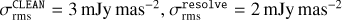 $\sigma _{{\rm{rms }}}^{{\rm{CLEAN}}} = 3\,{\rm{mJy}}\,{\rm{ma}}{{\rm{s}}^{ - 2}},\sigma _{{\rm{rms }}}^{{\rm{resolve }}} = 2\,{\rm{mJy}}\,{\rm{ma}}{{\rm{s}}^{ - 2}}$