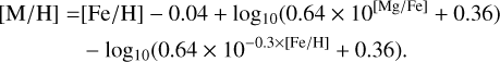 $\eqalign{ & [{\rm{M}}/{\rm{H}}] = [{\rm{Fe}}/{\rm{H}}] - 0.04 + {\log _{10}}\left( {0.64 \times {{10}^{[{\rm{Mg}}/{\rm{Fe}}]}} + 0.36} \right) \cr & \,\,\,\,\,\,\,\,\,\,\,\,\,\,\,\,\,\,\,\,\, - {\log _{10}}\left( {0.64 \times {{10}^{ - 0.3 \times [{\rm{Fe}}/{\rm{H}}]}} + 0.36} \right). \cr} } $