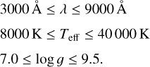 $\matrix{ {3000 \le \lambda \le 9000} \hfill \cr {8000{\rm{K}} \le {T_{{\rm{eff}}}} \le 40000{\rm{K}}} \hfill \cr {7.0 \le \log g \le 9.5.} \hfill \cr } $