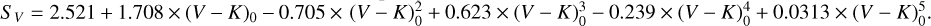 $\[S_V=2.521+1.708 \times(V-K)_0-0.705 \times (V-K)_0^2+0.623 \times(V-K)_0^3-0.239 \times(V-K)_0^4+0.0313 \times (V-K)_0^5\]$