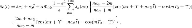 $$ \begin{aligned} \delta e(t)&= \delta e_0+\dot{e}_0\tilde{t}+\alpha \Phi _0 \varrho \frac{1-e^2}{e}\sum _{n=1}^{+\infty } J_n(ne) \left\{ \frac{n\omega _b-2m}{ n\omega _b+m}[\cos (m t+\Upsilon +n\omega _b \tilde{t})-\cos (m T_0+\Upsilon )]\right.\nonumber \\&\left.+\frac{2m+n\omega _b}{n\omega _b-m}[\cos (m t+\Upsilon -n\omega _b \tilde{t})-\cos (m T_0+\Upsilon )]\right\} \, ,\end{aligned} $$