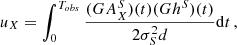 $$ \begin{aligned} u_X&= \int _0^{T_{obs}}\frac{ (G A_{X}^S)(t) (G h^S)(t)}{2 \sigma _{S}^2 d} \mathrm{d} t\,,\end{aligned} $$
