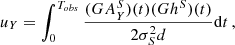 $$ \begin{aligned} u_Y&= \int _0^{T_{obs}}\frac{ (G A_{Y}^S)(t) (G h^S)(t)}{2 \sigma _{S}^2 d} \mathrm{d} t\,, \end{aligned} $$