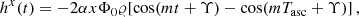 $$ \begin{aligned} h^x(t)&= -2 \alpha x \Phi _0 \varrho [\cos (m t+\Upsilon )-\cos (m T_{\rm asc}+\Upsilon )]\,,\end{aligned} $$