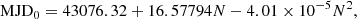 $$ \begin{aligned} \mathrm{MJD}_0 = 43076.32+16.57794N-4.01\times 10^{-5}N^2, \end{aligned} $$