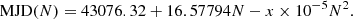 $$ \begin{aligned} \mathrm{MJD}(N) = 43076.32+16.57794N-x\times 10^{-5}N^2. \end{aligned} $$