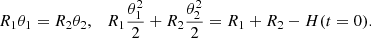 $$ \begin{aligned} R_1\theta _1=R_2\theta _2,\quad R_1 \frac{\theta _1^2}{2}+R_2 \frac{\theta _2^2}{2}=R_1+R_2-H(t=0). \end{aligned} $$