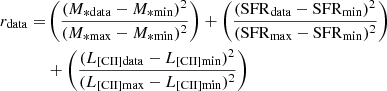 $$ \begin{aligned} r_{\mathrm{data}} =&\left(\frac{{(M_{\rm *data} - M_{\rm *min})^2}}{{(M_{\rm *max} - M_{\rm *min})^2}}\right) + \left(\frac{{(\mathrm{SFR}_{\rm data} - \mathrm{SFR}_{\rm min})^2}}{{(\mathrm{SFR}_{\rm max} - \mathrm{SFR}_{\rm min})^2}}\right)\\&+ \left(\frac{{(L_{\rm [CII] data} - L_{\rm [CII] min})^2}}{{(L_{\rm [CII] max} - L_{\rm [CII] min})^2}}\right) \end{aligned} $$