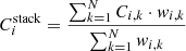 $$ \begin{aligned} C_{i}^\mathrm{stack} = \dfrac{\sum _{k=1}^{N} C_{i,k} \cdot { w}_{i,k}}{\sum _{k=1}^{N} { w}_{i,k}} \end{aligned} $$
