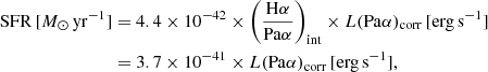$$ \begin{aligned} \mathrm{SFR}\,[M_\odot \,\mathrm{yr}^{-1}]&= 4.4\times 10^{-42} \times \left(\frac{\mathrm{H\alpha }}{\mathrm{Pa\alpha }}\right)_{\rm int} \times L(\mathrm{Pa\alpha })_{\rm corr}\,[\mathrm{erg\,s^{-1}}]\nonumber \\&= 3.7 \times 10^{-41} \times L(\mathrm{Pa}\alpha )_{\rm corr}\,[\mathrm{erg\,s^{-1}}], \end{aligned} $$