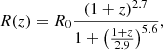 $$ \begin{aligned} R(z) = R_0\frac{(1+z)^{2.7}}{1+\left(\frac{1+z}{2.9}\right)^{5.6}}, \end{aligned} $$