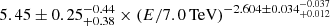 $ 5.45\pm 0.25^{-0.44}_{+0.38} \times (E/7.0\,\mathrm{TeV})^{-2.604\pm 0.034^{-0.037}_{+0.012}} $