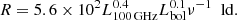 $$ \begin{aligned} R = 5.6\times 10^2 L_{100\,\mathrm{GHz}}^{0.4} L_{\rm bol}^{0.1} \nu ^{-1} \ \ \mathrm{ld}. \end{aligned} $$