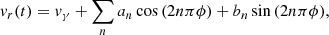 $$ \begin{aligned} v_r(t) = v_{\gamma } + \sum _{n}{a_{n} \cos {(2 n \pi \phi )} + b_{n} \sin {(2 n \pi \phi )}}, \end{aligned} $$