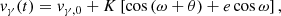 $$ \begin{aligned} v_\gamma (t) = v_{\gamma ,0} + K \left[\cos {\left(\omega + \theta \right)} + e \cos {\omega }\right], \end{aligned} $$