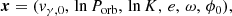 $$ \begin{aligned} \boldsymbol{x} = (v_{\gamma , 0},\, \ln P_{\rm {orb}},\, \ln K,\, e,\, \omega ,\, \phi _0), \end{aligned} $$