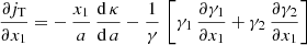 $$ \begin{aligned} \frac{\partial j_{\text{T}}}{\partial x_1}=-\,\frac{x_1}{a}\,\frac{\mathrm{d}\,\kappa }{\mathrm{d}\,a}-\frac{1}{\gamma }\,\left[\gamma _1\,\frac{\partial \gamma _1}{\partial x_1}+\gamma _2\,\frac{\partial \gamma _2}{\partial x_1}\right] \end{aligned} $$