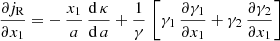 $$ \begin{aligned} \frac{\partial j_{\text{R}}}{\partial x_1}=-\,\frac{x_1}{a}\,\frac{\mathrm{d}\,\kappa }{\mathrm{d}\,a}+\frac{1}{\gamma }\,\left[\gamma _1\,\frac{\partial \gamma _1}{\partial x_1}+\gamma _2\,\frac{\partial \gamma _2}{\partial x_1}\right] \end{aligned} $$