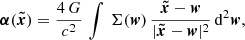 $$ \begin{aligned} \boldsymbol{\alpha }(\boldsymbol{\tilde{x}}) = \frac{4\,G}{c^2}\,\int \,\Sigma (\boldsymbol{w})\, \frac{\boldsymbol{\tilde{x}} - \boldsymbol{w}}{|\boldsymbol{\tilde{x}} - \boldsymbol{w}|^2}\,\mathrm{d}^2\boldsymbol{w}, \end{aligned} $$