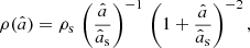 $$ \begin{aligned} \rho (\hat{a}) = \rho _{\rm s}\,\left(\frac{\hat{a}}{\hat{a}_{\rm s}}\right)^{-1}\, \left(1+\frac{\hat{a}}{\hat{a}_{\rm s}}\right)^{-2}, \end{aligned} $$